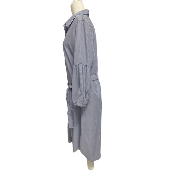 NWT Mlle Gabrielle XL Polyester Blue Stripe Button Down Shirt Dress Sash Belt - Picture 3 of 10